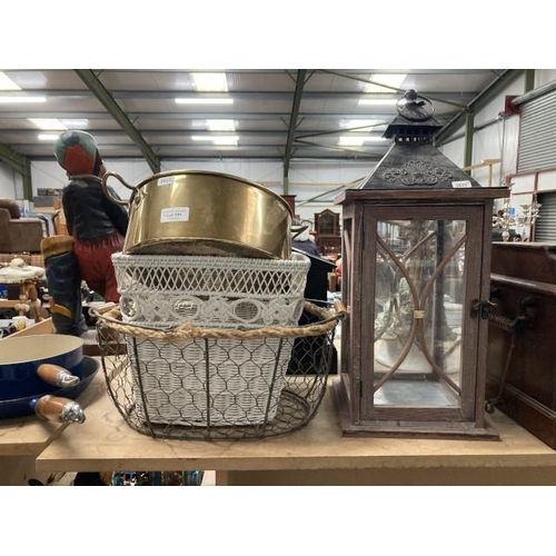 394 - Wicker sewing basket, brass flower trough, metal & wooden candle lantern 50cm high & wire basket