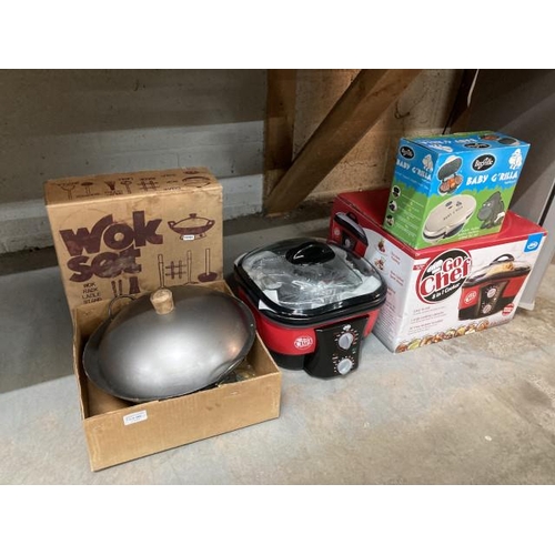 398 - Boxed Go Chef 8 in 1 compact cooker (new), boxed Breville Baby Gorilla grill & boxed wok set