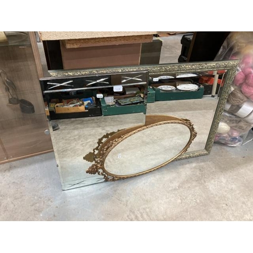 409 - Gilt framed oval mirror 68x34cm, frameless bevel edged mirror 46x62cm & blue/gilt framed bevel edged... 