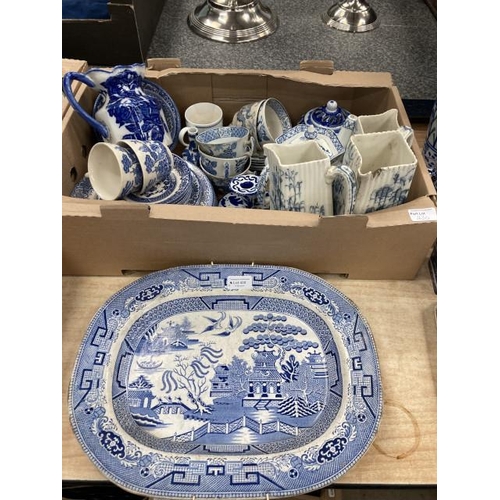 430 - Box of blue and white wares including 3 graduated jugs Poppy, Wood and Sons Yuan teapot cups and sau... 