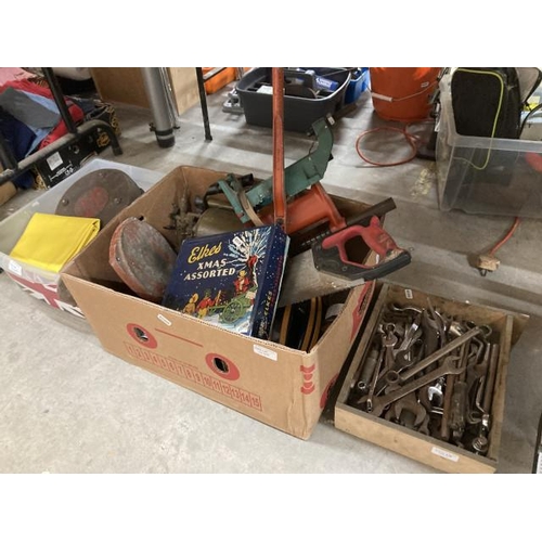 448 - Box of spanners, blow torch, hand saw, Felco SWL20CWT winch etc.