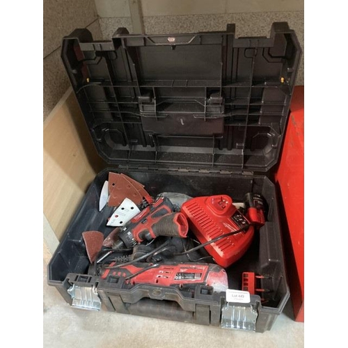 449 - Cased Milwaukee C12 MT cordless multi tool & Milwaukee M12 BD drill with one charger & two batteries