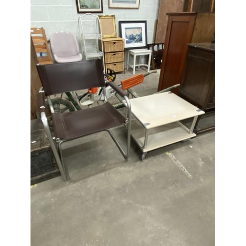 65 - Industrial style coffee table with castors 38H 60W 50D & a leather and chrome office chair 60W