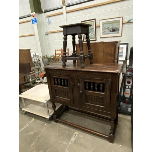 66 - 17th century style oak cabinet 87H 91W 38D and an early oak stool 44H 26W 26D