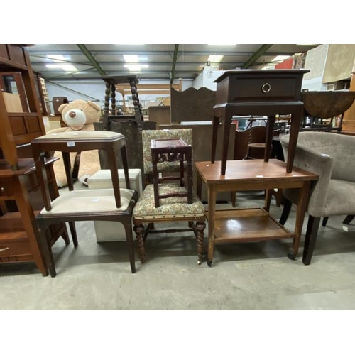 81 - Stag Minstrel mahogany bedside table 56H 45W 32D, oak fold over trolley 62H 65W 45D, 2 bedroom stool... 