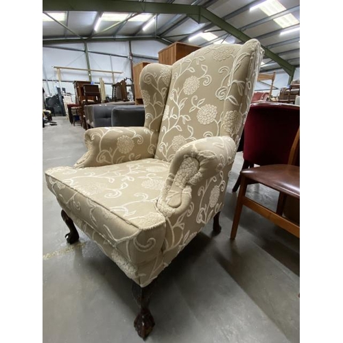 84 - Georgian style wing back armchair with ball and claw feet (fabric will require cleaning) 85W