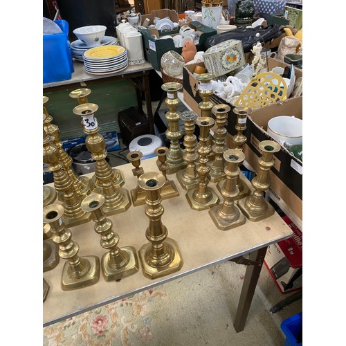 435 - Good collection of brass candlesticks, brass weights, brass trench art, copper lantern, silver plate... 