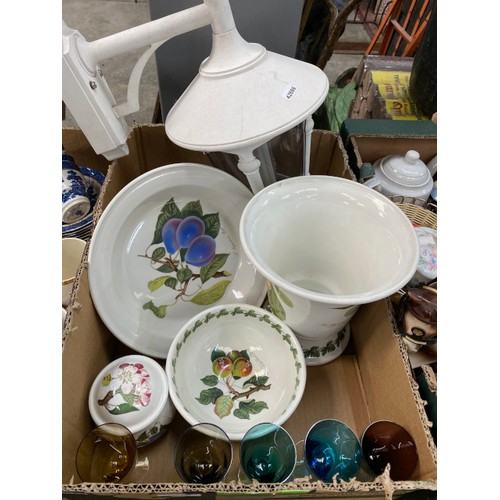 436 - 2 boxes of china collectables including Portmeirion large vase, plate, bowl and lidded pot, blue and... 