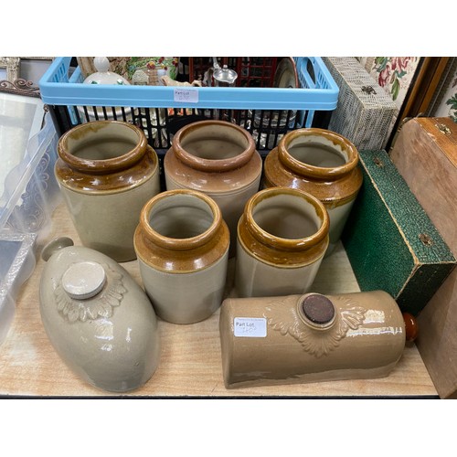 432 - Assorted collectables including quantity of treen, stoneware jars and hot water bottles, Wade porcel... 