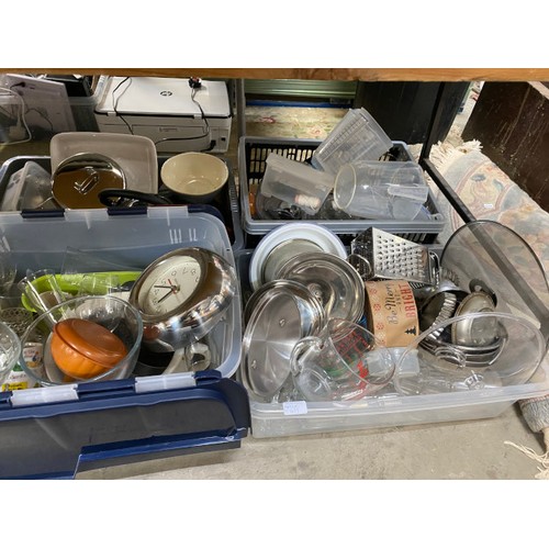 439 - Good collection of kitchenalia, glass ware, gratin dishes, Pyrex, pans, tea wares, mugs, cutlery etc