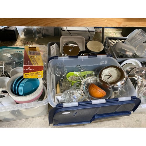 439 - Good collection of kitchenalia, glass ware, gratin dishes, Pyrex, pans, tea wares, mugs, cutlery etc