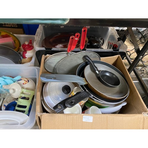 439 - Good collection of kitchenalia, glass ware, gratin dishes, Pyrex, pans, tea wares, mugs, cutlery etc