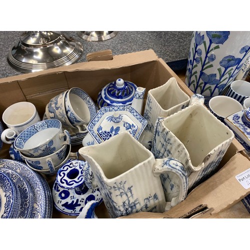 430 - Box of blue and white wares including 3 graduated jugs Poppy, Wood and Sons Yuan teapot cups and sau... 