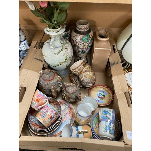 374 - 5 boxes containing oriental wares, cork diorama, Chinese part tea sets, art glass inc. paperweights,... 