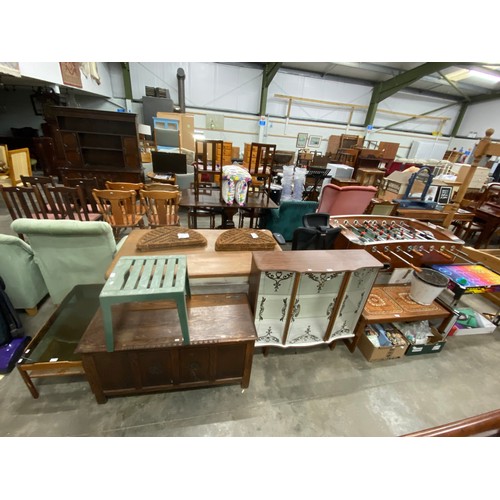 148 - Oak blanket box 56H 111W 50D, vintage display cabinet 95H 99W 31D, tile top teak coffee table 43H 97... 