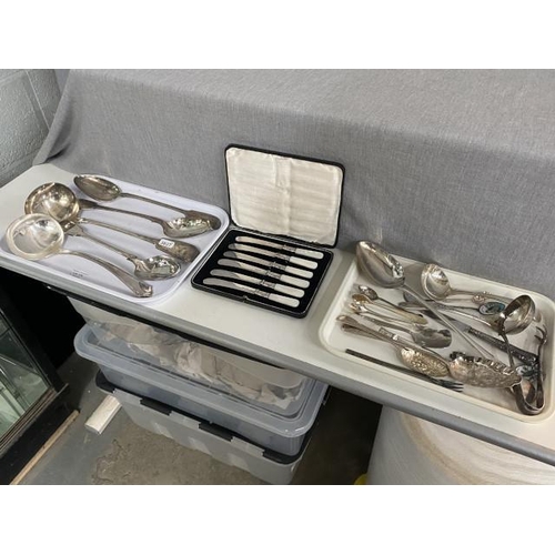 378 - 2 trays of cutlery inc. ladles, basting spoons, cased knives etc.