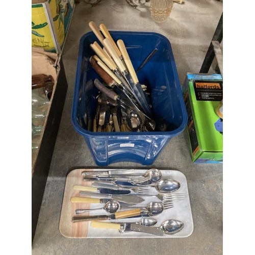 402 - Container of flatware including plated and bone handled (see photo for selected examples)