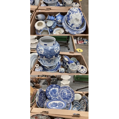 405 - 3 boxes of blue and white wares including Woods Ware, Spode's Italian, Ringtons, Mason's Vista, Delf... 