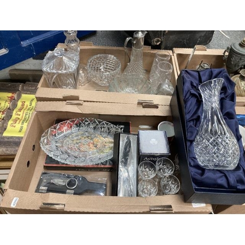 409 - Boxed Stuart Crystal carafe, cut glass vases and flower bowl, wine jug, hors-d'oeuvres dish, wine bo... 