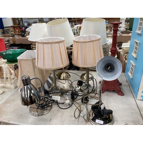 415 - 2 chrome desk lamps, pair of Dunelm LE71AD table lamps with peach shades, 3 brass effect table lamps... 