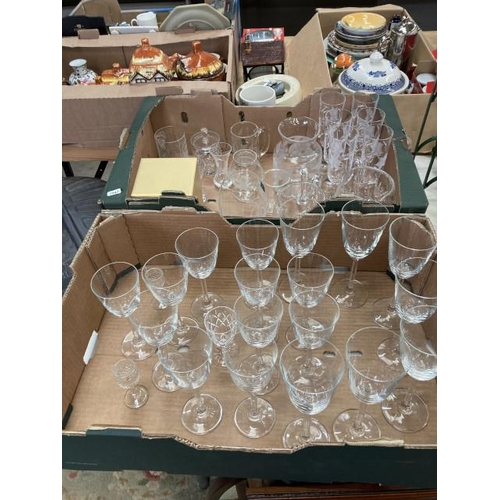 417 - 2 boxes of glassware including red and white wine glasses, 6 etched champagne flutes and matching wa... 