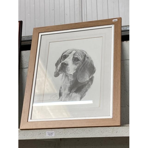 470 - Framed pencil signed MJ Sibley print of a Beagle 49x60cm