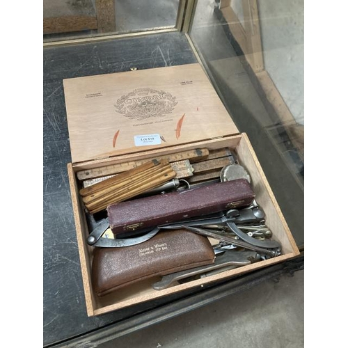 518 - Collection of drawing instruments, WWI/WWII proportional dividers, micrometre, callipers, wing compa... 