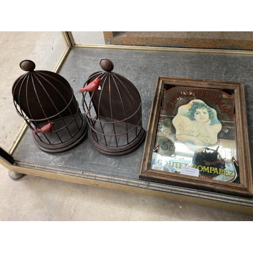 519 - Chocolate Poulain advertising mirror 22x34cm & a pair of metal bird cage bookends