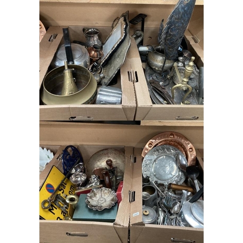 523 - 4 good mixed boxes of metal wares inc. pewter, brass gun powder flask, trivet, cutlery, platters, tw... 