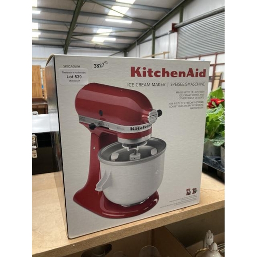 539 - Boxed KitchenAid ice cream attachment maker Model. 5KICAOWH (As new)