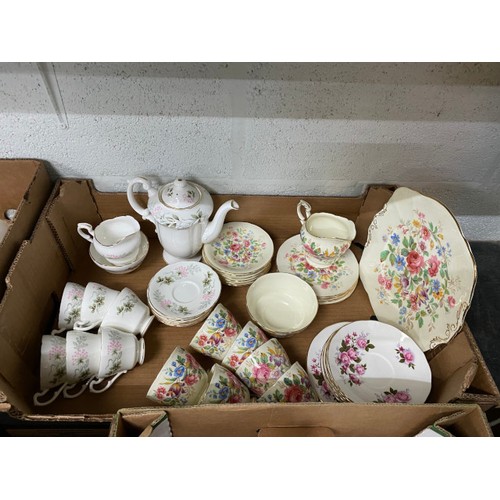 476 - 6 boxes of glassware inc. Thomas Webb, Crown, Tudor etc., tea sets inc. Paragon, Royal Chelsea etc.,... 