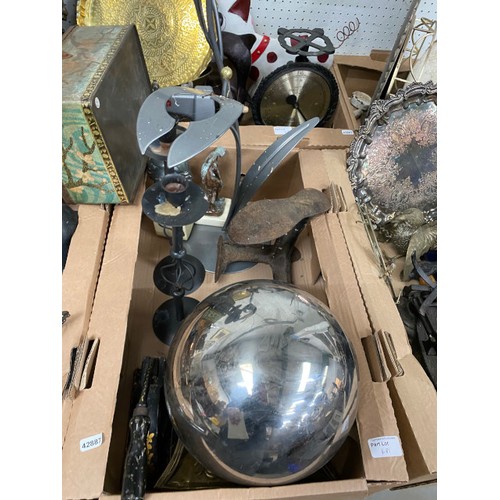 481 - 6 good boxes of metal wares inc. Chinese pewter tea caddy, Art Nouveau hall lantern, scales, Arts & ... 