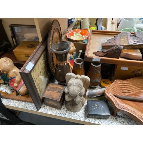 502 - Collection of treen collectables inc. vases, jewellery chest, serving trays, mirror, book rack, trin... 