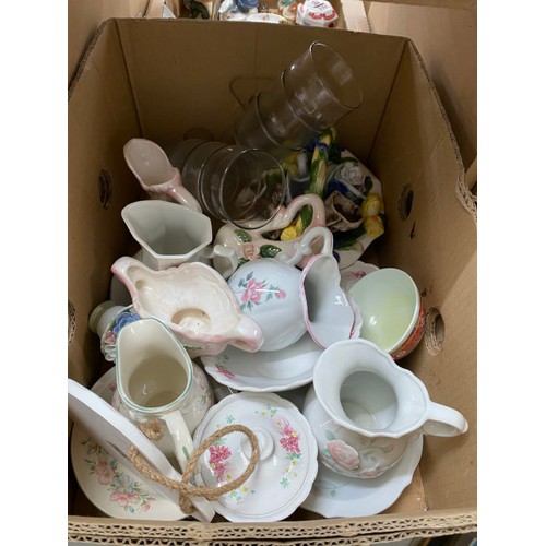 505 - 7 boxes of glassware, vases, small wash jugs & bowls, Crown Staffordshire tea set, teapots etc.