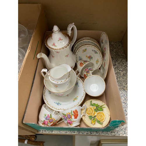 505 - 7 boxes of glassware, vases, small wash jugs & bowls, Crown Staffordshire tea set, teapots etc.