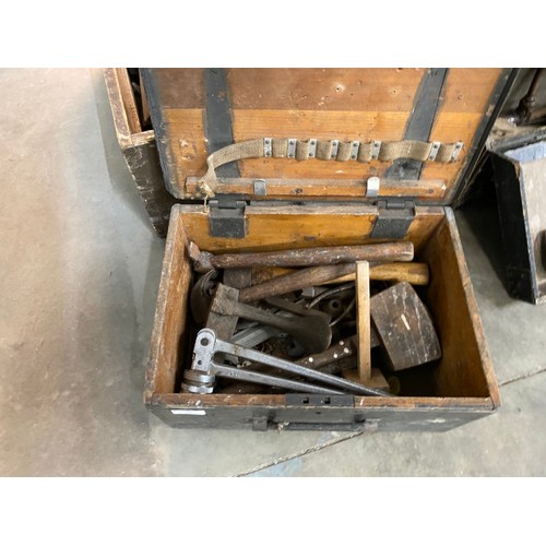 520 - 3 wooden tool chests containing old wood working tools, 4 Stilsons wrenches, spanner, planes, heavy ... 