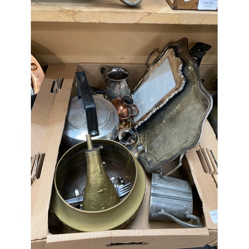 523 - 4 good mixed boxes of metal wares inc. pewter, brass gun powder flask, trivet, cutlery, platters, tw... 