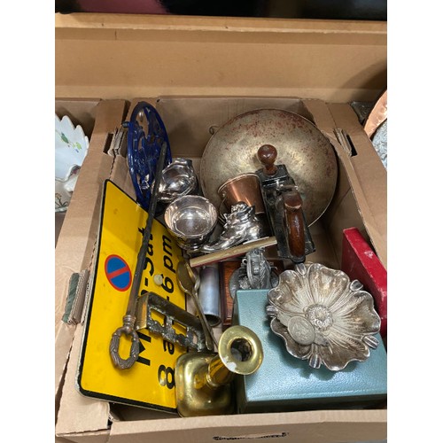 523 - 4 good mixed boxes of metal wares inc. pewter, brass gun powder flask, trivet, cutlery, platters, tw... 