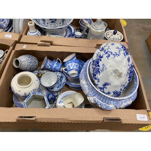 405 - 3 boxes of blue and white wares including Woods Ware, Spode's Italian, Ringtons, Mason's Vista, Delf... 