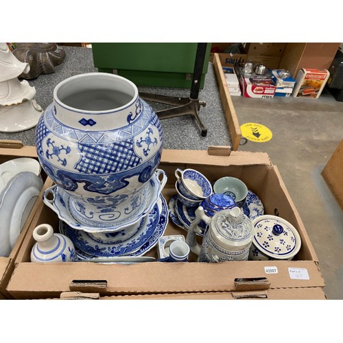 405 - 3 boxes of blue and white wares including Woods Ware, Spode's Italian, Ringtons, Mason's Vista, Delf... 