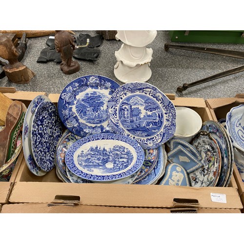 405 - 3 boxes of blue and white wares including Woods Ware, Spode's Italian, Ringtons, Mason's Vista, Delf... 