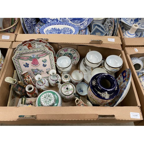 406 - 3 boxes of oriental wares including Japanese teawares, ginger jar, vases, planters, trays, silk pict... 