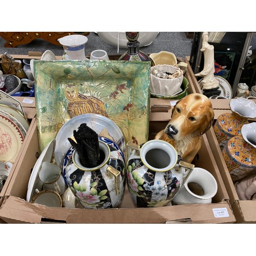 407 - 6 boxes of collectables including decorative vases and plates, cabbage leaf plates, Price Kensington... 