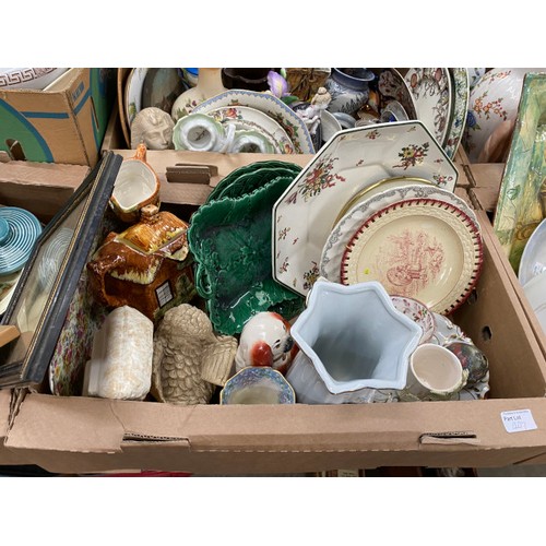 407 - 6 boxes of collectables including decorative vases and plates, cabbage leaf plates, Price Kensington... 