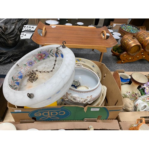 407 - 6 boxes of collectables including decorative vases and plates, cabbage leaf plates, Price Kensington... 