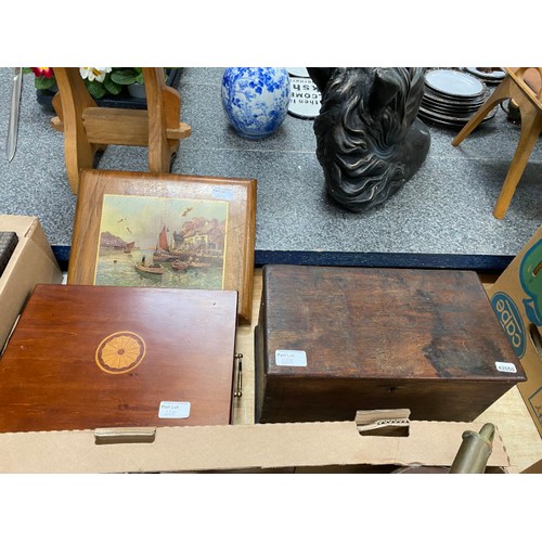 408 - 4 glass spirit lamps, copper kettle, brass miner's lamp, 2 wooden boxes, Poole pottery plate, Wedgwo... 