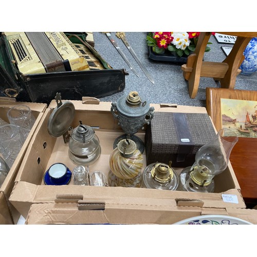 408 - 4 glass spirit lamps, copper kettle, brass miner's lamp, 2 wooden boxes, Poole pottery plate, Wedgwo... 