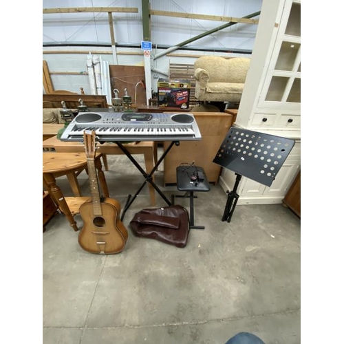 104 - Casio CTK-671 keyboard with stand & stool, guitar (no makers label) and case and a music stand (As f... 