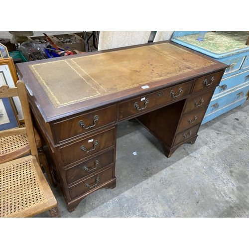 188 - Mahogany pedestal desk with tan leather inset 75H 122W