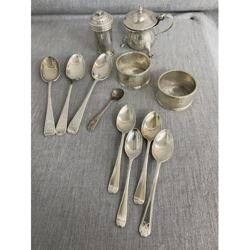 254 - Collection of mixed silver inc. pair of Walker & Hall, Sheffield napkin rings, various teaspoons, pe... 